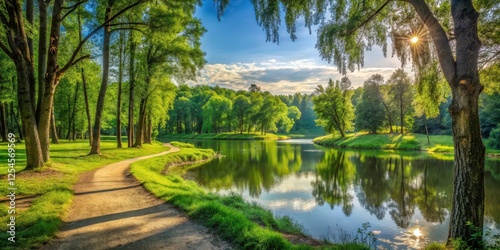 Serene forest landscape with winding dirt path and lush green trees surrounding a calm lake, rural landscapes, tree-lined paths