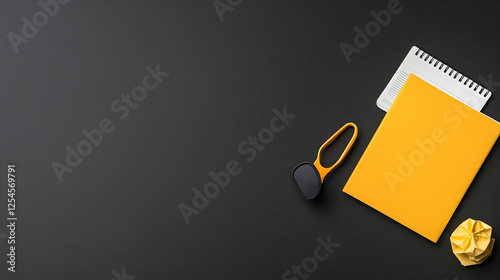 Yellow notebook, crumpled paper, and black eyeglasses on a dark surface.  Office supplies, workspace photo