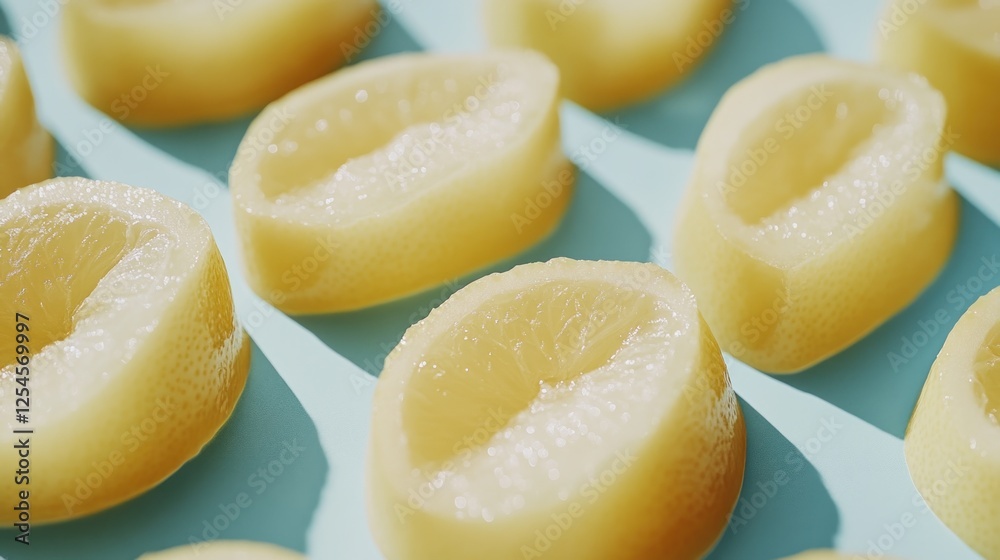 Sliced lemons arranged on blue background, sunlight, food photography, recipe website