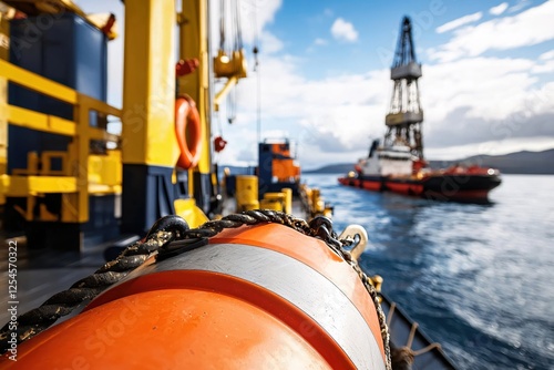 Vivid view from offshore vessel with life buoy and drilling rig against a cloudy sky photo