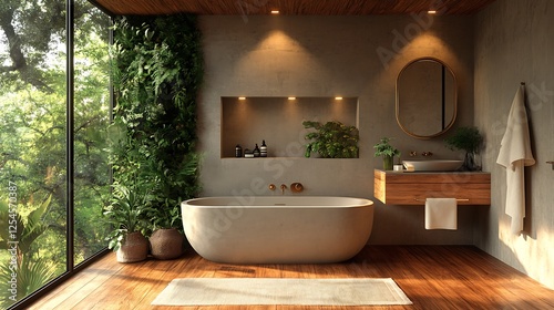 Natural themed bathroom featuring greenery wooden details brass framed mirrors and mocha mousse walls photo