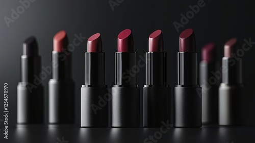Elegant array of lipsticks in dark shades on a dark surface for cosmetic advertising