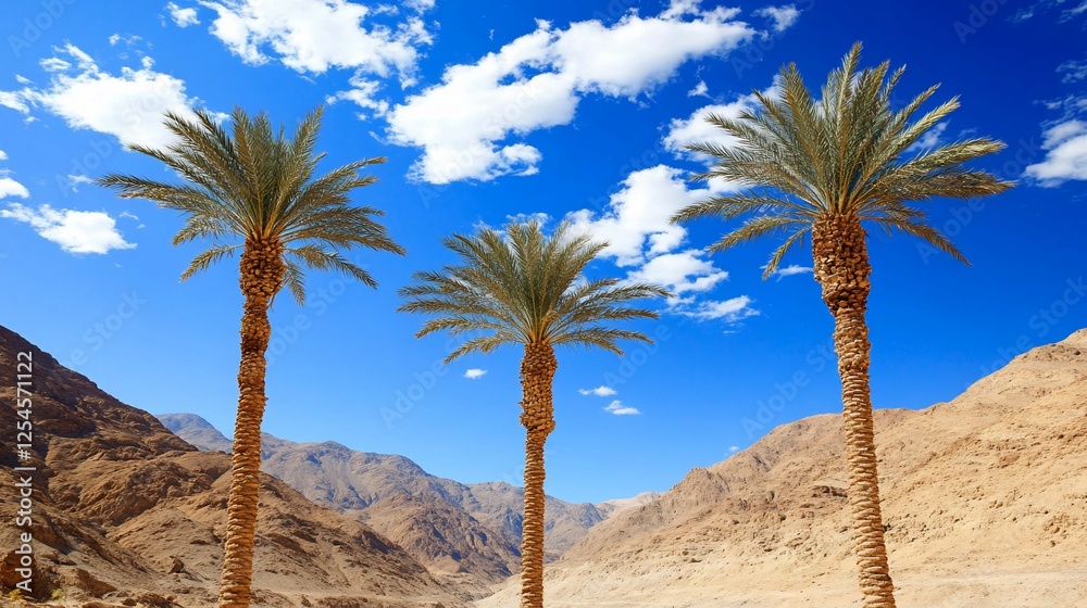 Desert Oasis Three Palm Trees, Mountain Valley, Sunny Sky Desert Oasis Three Palm Trees, Mountain Valley, Sunny Sky