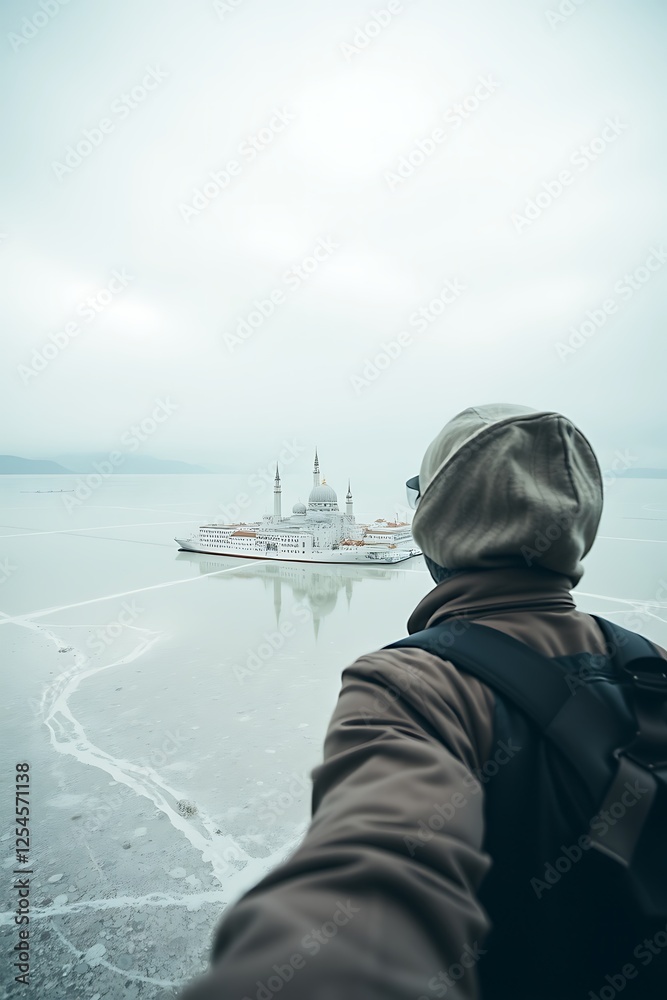 Man Looking at Lake Mosque on a Frozen Lake Landscape Man Looking at Lake Mosque on a Frozen Lake Landscape