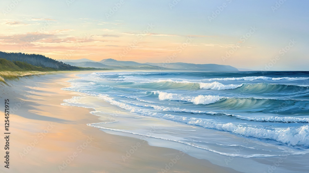 Serene coastal painting of ocean waves meeting sandy beach at sunset with soft colors Serene coastal painting of ocean waves meeting sandy beach at sunset with soft colors