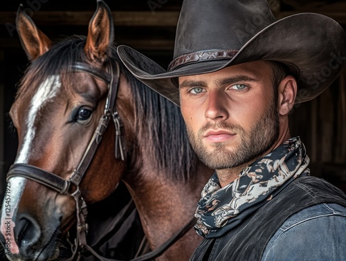 Young cowboy poses with horse in rustic stable, showcasing equestrian bond and country lifestyle photo