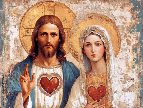 Jesus and Mary with sacred hearts on their chests. AI generative.