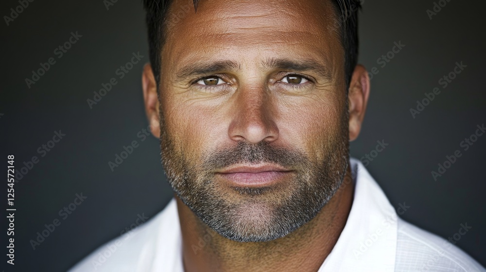 Fototapeta premium Handsome man with short hair and a strong jawline posing confidently against a dark background