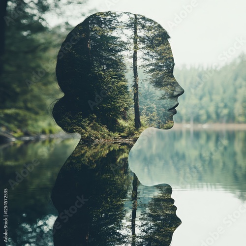 Double Exposure Profile of Woman with Forest and Lake Reflection Nature Concept Art