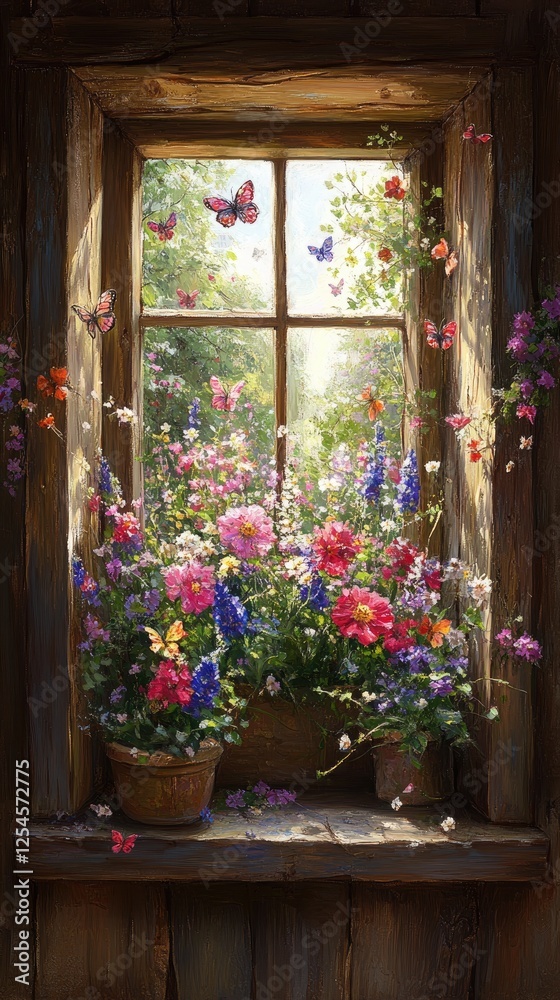 Fototapeta premium Vibrant flower window display with colorful blooms and butterflies in a sunlit garden