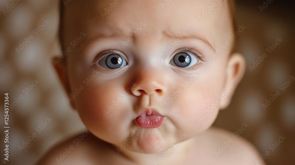 Close-up of an expressive baby with big blue eyes and a pouty mouth Close-up of an expressive baby with big blue eyes and a pouty mouth
