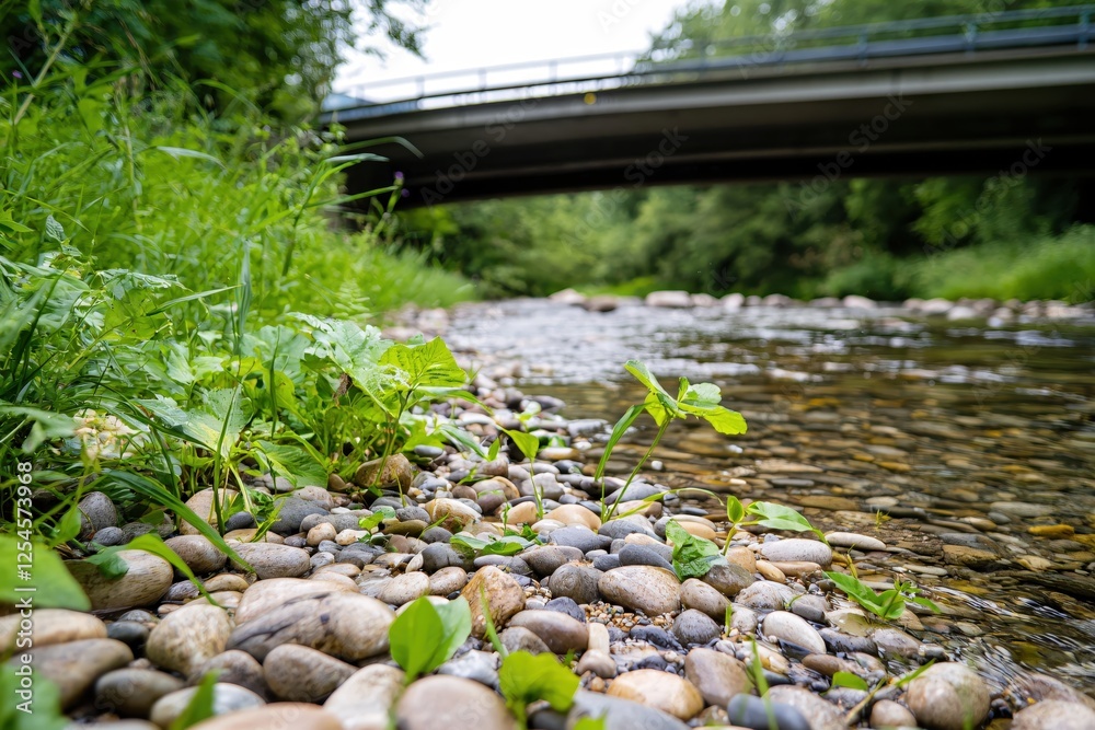 Serene River Flowing Under Bridge with Lush Greenery and Smooth Stones on the Shoreline View Serene River Flowing Under Bridge with Lush Greenery and Smooth Stones on the Shoreline View