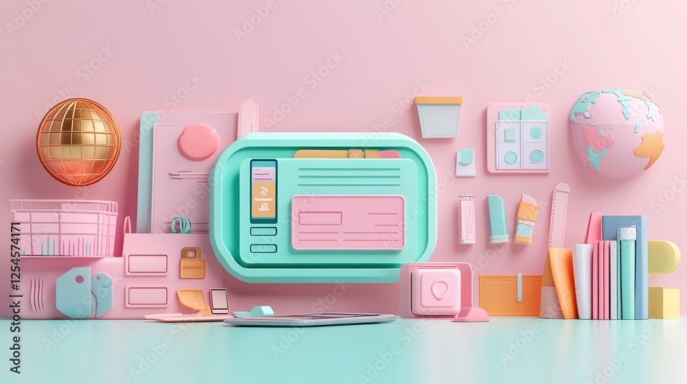 A colorful and playful arrangement of retro-inspired objects, featuring pastel tones and various stationery items against a soft pink backdrop. A colorful and playful arrangement of retro-inspired objects, featuring pastel tones and various stationery items against a soft pink backdrop.