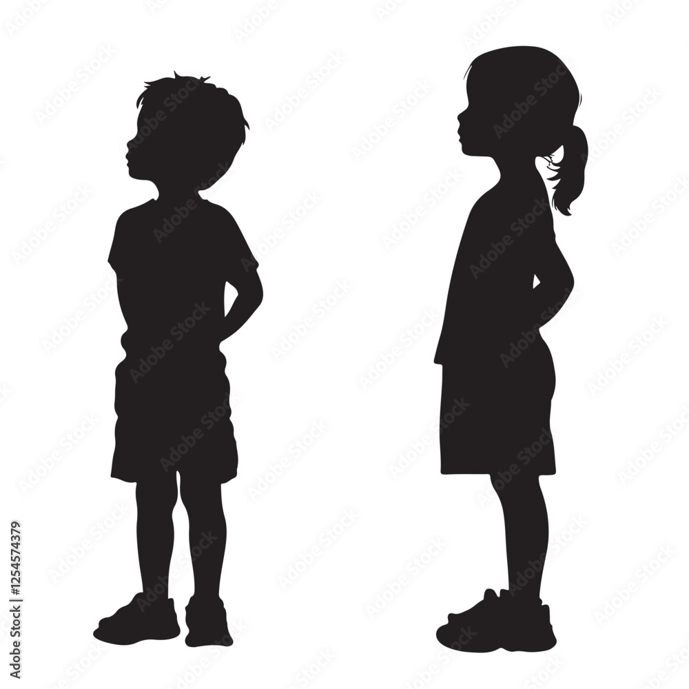 Silhouette of a Boy and Girl Standing and Looking Up - Vector Illustration Silhouette of a Boy and Girl Standing and Looking Up - Vector Illustration