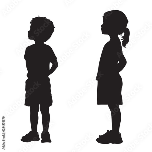 Silhouette of a Boy and Girl Standing and Looking Up - Vector Illustration