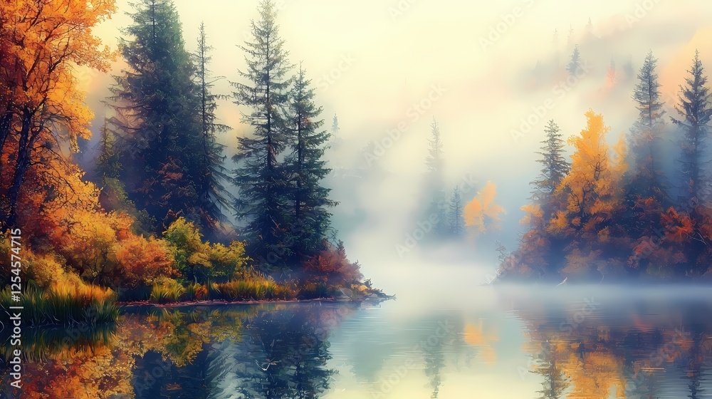 Naklejka premium Serene Autumnal Reflection Calm Lake Scene with Golden Trees and Mist in a Peaceful Forest