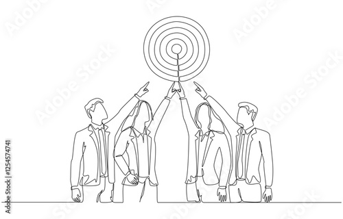 Continuous one line drawing of businesspeople pointing at target together, team business goal concept, single line art