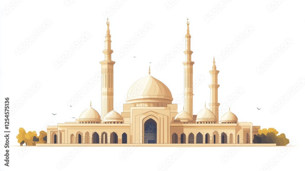 Fototapeta premium A simple, stylized illustration of Madinah's mosque, isolated on a white background with soft colors