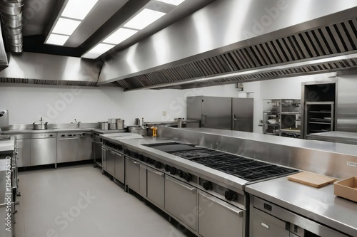 Commercial kitchen interior, oven, exhaust, sinks, stainless steel, Ai created