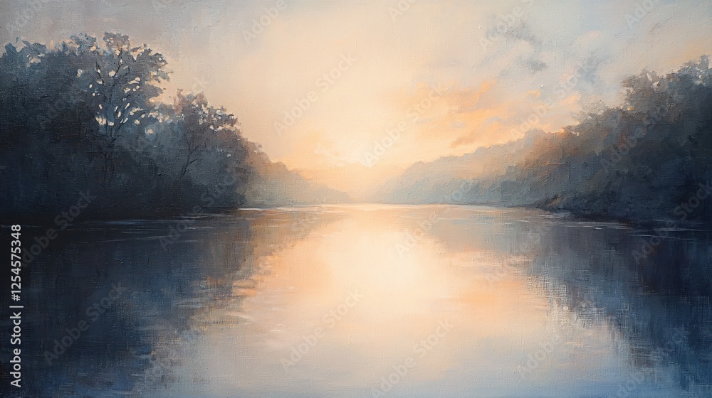 Fototapeta premium Serene river landscape painting with soft light reflecting on water and distant trees