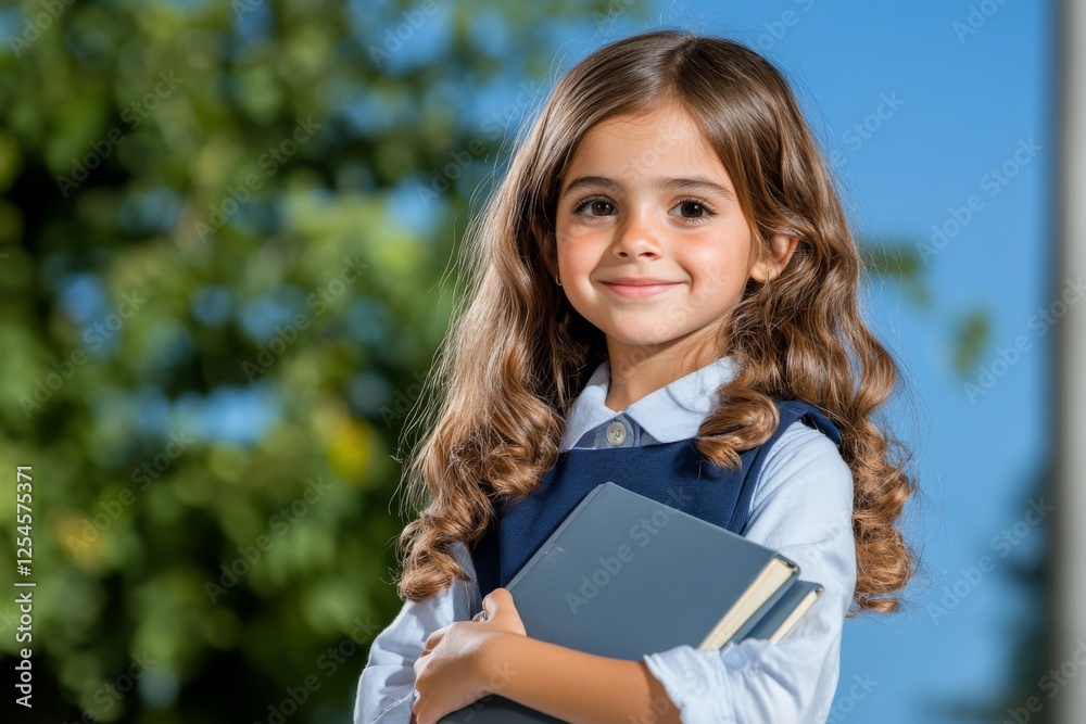 Young girl in school uniform smiles with books outdoors on a sunny day Young girl in school uniform smiles with books outdoors on a sunny day