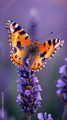 Vibrant butterfly perched on lavender flowers in a serene garden setting, showcasing nature's beauty