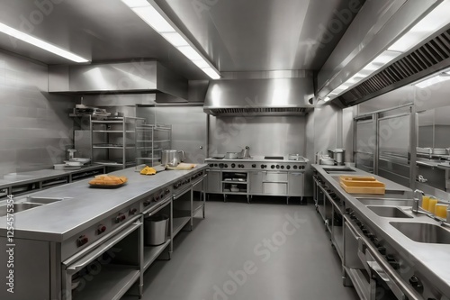 Commercial kitchen interior, oven, exhaust, sinks, stainless steel, Ai created