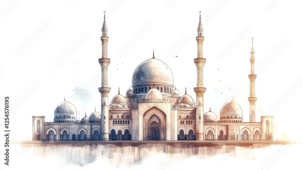 Fototapeta premium A stylized sketch of the Masjid an-Nabawi in Madinah, isolated on a white background