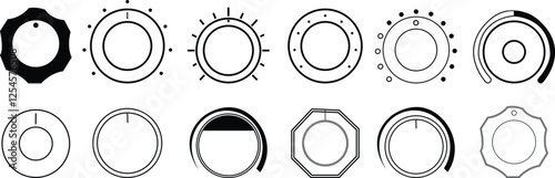 Round scale and controller volume level knob icon set, analogue knobs level control isolated on transparent background regulator, controller, adjustor, damper, rotating, turning, turn on off, rotative