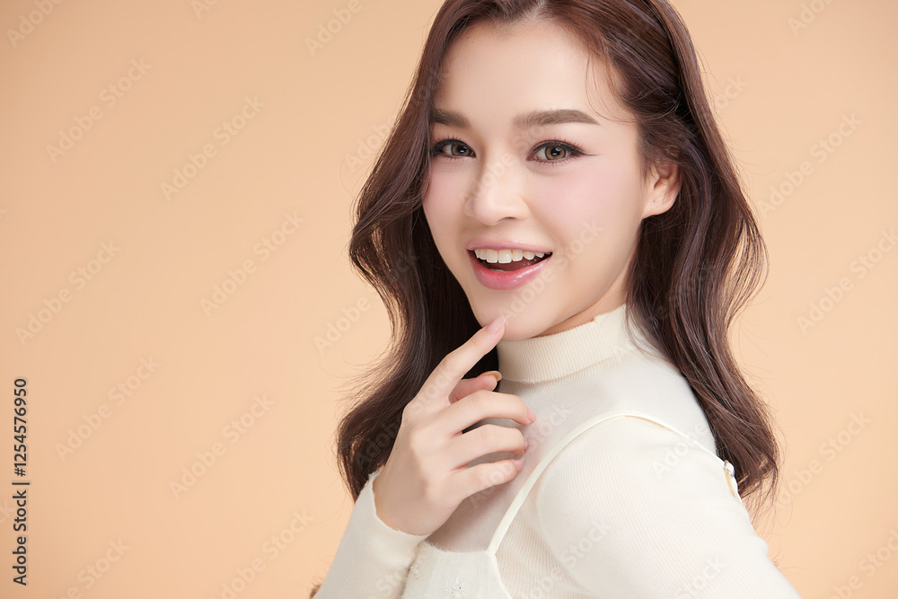 Beautiful young asian woman with clean fresh skin on beige background, Face care, Facial treatment, Cosmetology, beauty and spa, Asian women portrait. Beautiful young asian woman with clean fresh skin on beige background, Face care, Facial treatment, Cosmetology, beauty and spa, Asian women portrait.