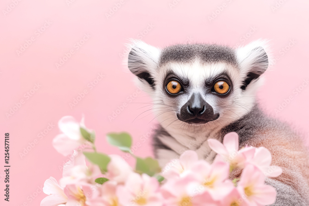 Obraz premium Captivating lemur with striking eyes surrounded by soft pink blossoms tranquil wildlife portrait