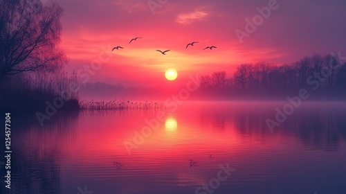 Serene lake at sunrise with mist and birds flying in the sky. Generative AI photo