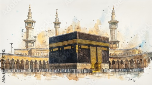 A watercolor-style illustration of the Kaaba, isolated on a white background, capturing its beauty and grandeur