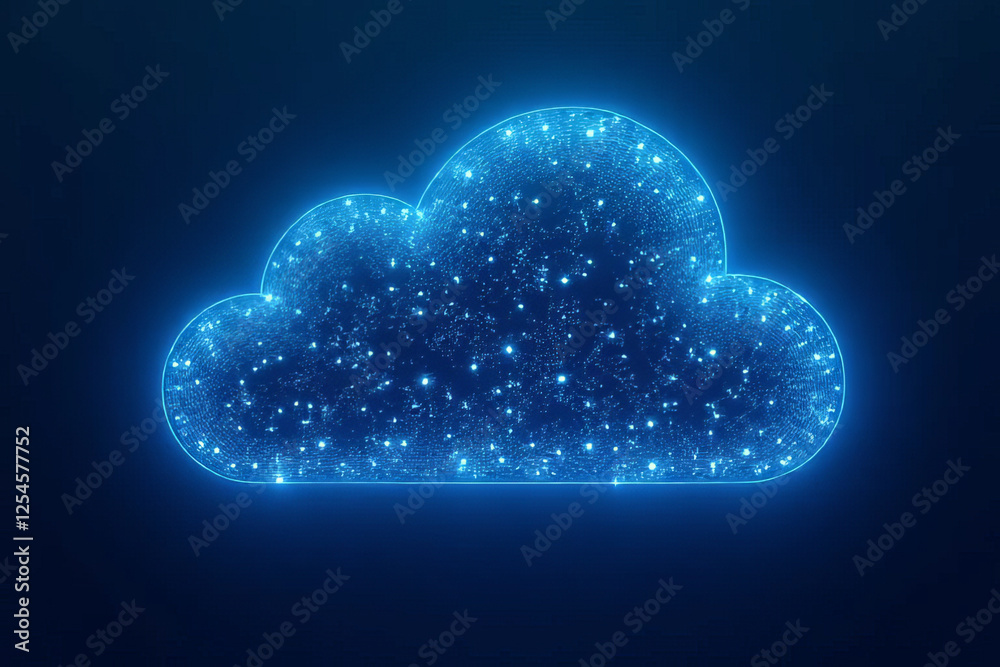 Glowing cloud symbol with stars and lights, representing digital storage and technology Glowing cloud symbol with stars and lights, representing digital storage and technology