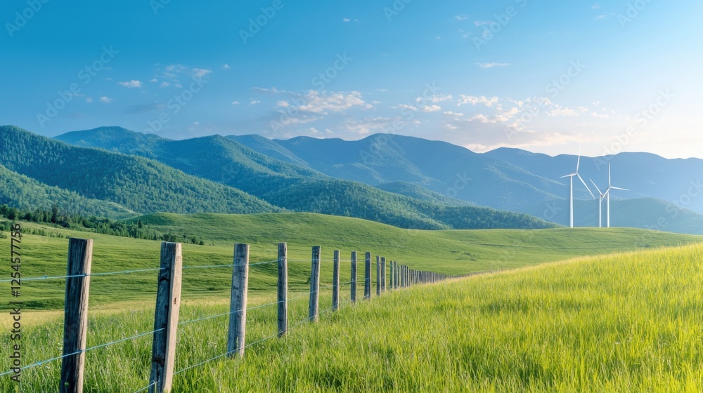 Fototapeta premium Scenic landscape featuring wind turbines silhouetted against a vibrant sunset sky surrounded by lush green fields and rolling hills in the distance
