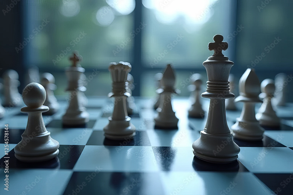 Chess pieces arranged on board, showcasing strategy and focus