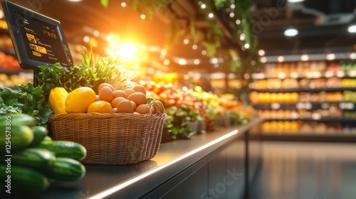 Fresh produce in a grocery store with sunlight shining on the vegetables. Generative AI