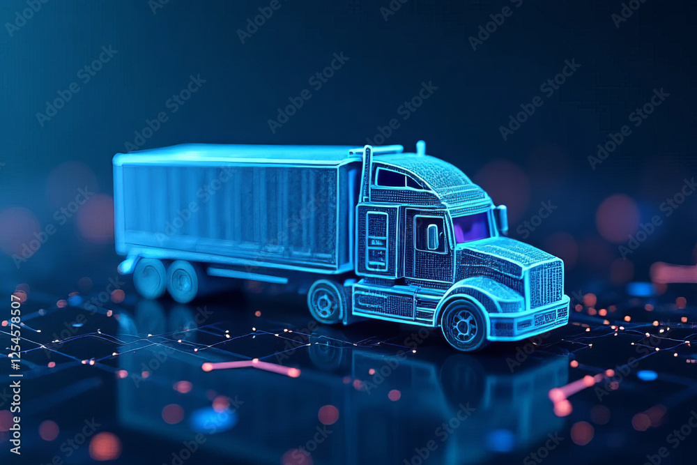 futuristic blue truck model on digital background, symbolizing technology and logistics futuristic blue truck model on digital background, symbolizing technology and logistics