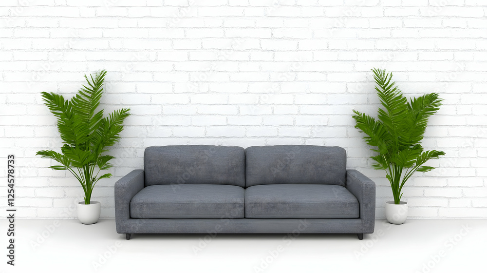 Fototapeta premium Gray Sofa 3D Render with Plants and White Brick Wall