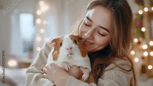 Woman cuddling guinea pig, cozy home, holiday lights
