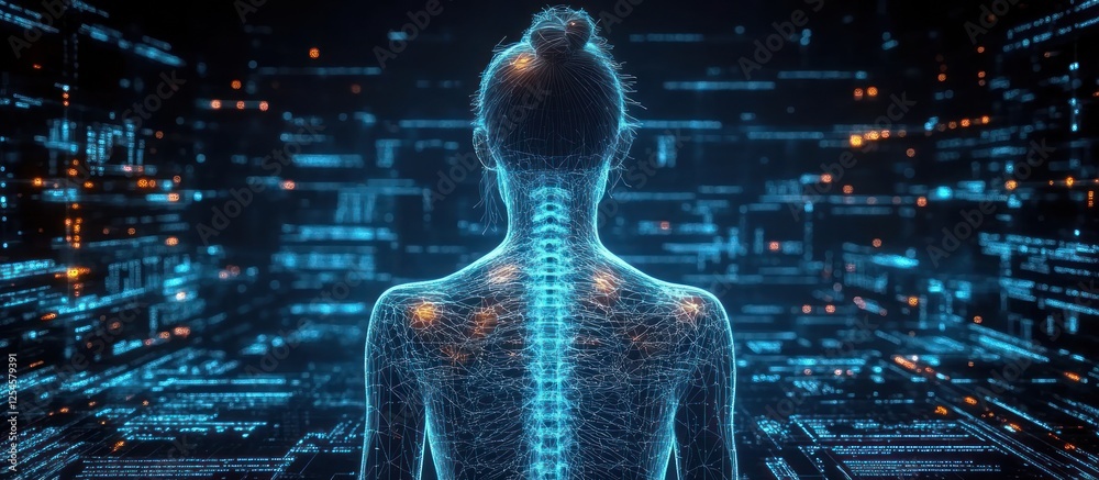 Woman's digital body, spine highlighted, facing data stream. Woman's digital body, spine highlighted, facing data stream.