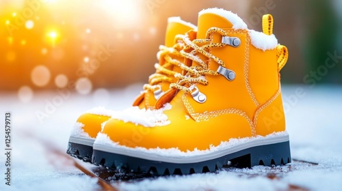 Yellow Winter Boots with Snow on Ground in Cold Environment. Generative AI photo