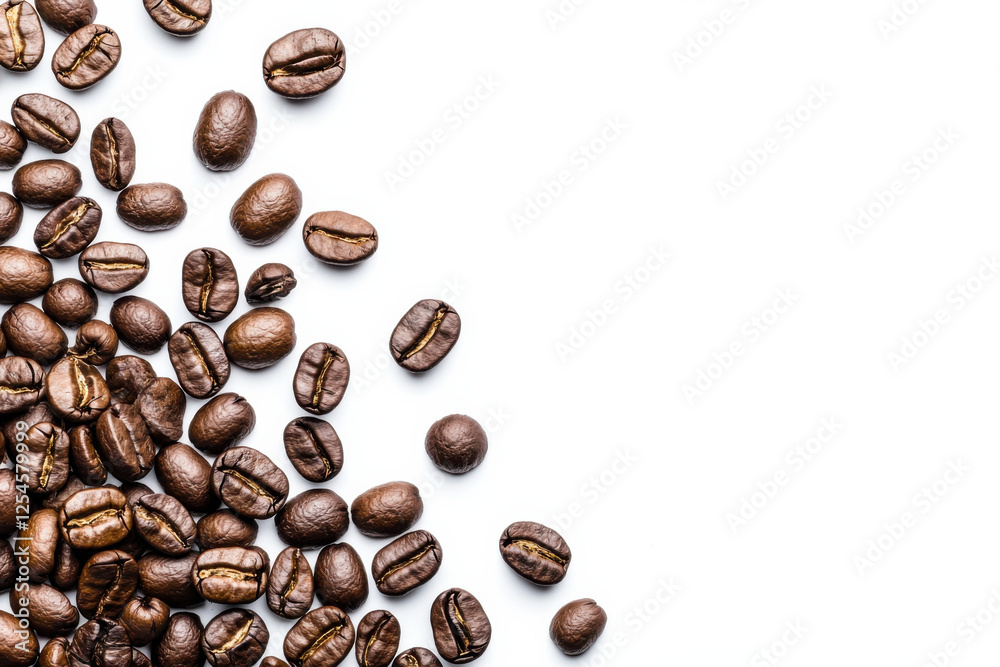 Naklejka premium Fresh coffee beans scattered on white background, showcasing rich textures and colors