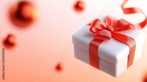 Gift box with red ribbon on blurred background. Generative AI photo