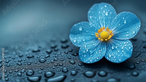 Beautiful blue flower with water droplets on dark background. Generative AI photo