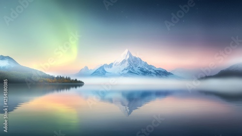 Majestic mountain range with lake reflecting vibrant aurora borealis photo