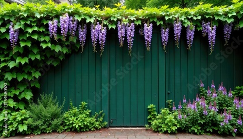 Fototapeta Naklejka Na Ścianę i Meble -  Metal fence covered in ivy and wisteria flowers, plants, landscape, garden decor