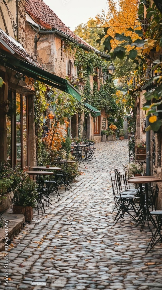 Fototapeta premium Charming Cobblestone Lane with Fall Foliage and Rustic Decor