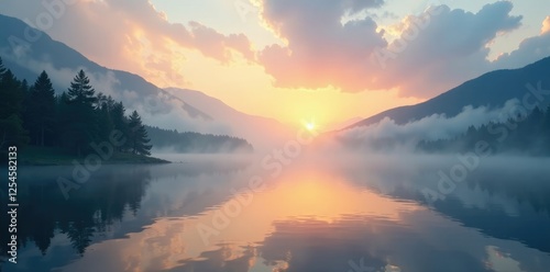 Misty dawn breaks over a quiet lake with gentle clouds, morning, serene