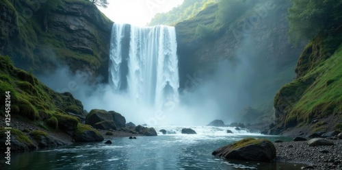 Mist rises from rocky base of cascading Bridal Veil Falls, falls, dew